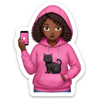 curvy girl with dark brown curly hair in pink hoodie with black cat on her hand sticker