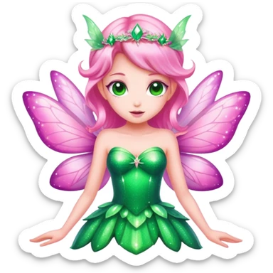 pink fairy in green dress sparkle sticker