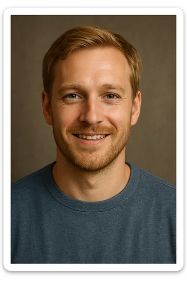 A man, 35 years old, blonde hair, blue eyes, light beard, smiling expression. sticker
