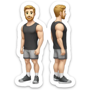 Full height Pale skinned fit man With biceps, Realistic eyes and mouth, light brown hair and stubble In dark gray sleeveless mike, black oversize sports shorts, watch and white sneakers. sticker