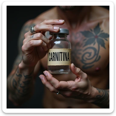 bodybuilder with tattoos, hyperrealistic, holding a vial with a label 'CARNITINA' in large block letters, 4k quality sticker