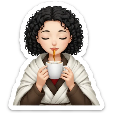Gözleri kapalı, beyaz tenli ve kıvırcık siyah saçlı saç boyu orta omuzlarında bir kadın avatar, battaniyeye sarılmış halde beyaz bir Türk kahvesi fincanından içeceğini huzurla yudumluyor. sticker