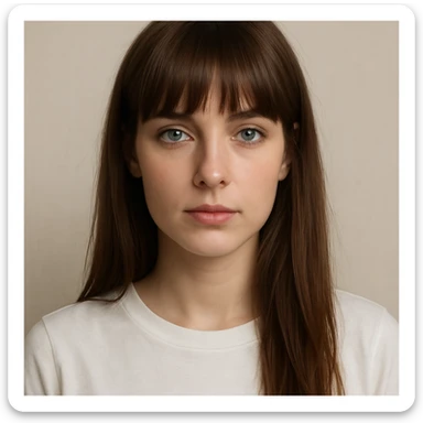 white woman, long straight brown hair with bangs, blue-grey eyes, white shirt, simple background, digital art sticker