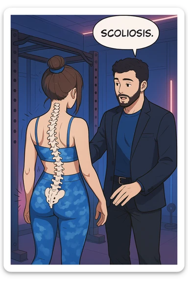 fai questa immagine in versione manga/webtoon a colori, il manga mostra la donna di spalle, mentre l'uomo le tocca la spina dorsale per spiegarle come funziona la scoliosi:
Con una scoliosi il baricentro corporeo cade maggiormente da un lato; per non cadere la schiena compensa accumulando tensione sul fianco opposto.
Il risultato? Si inclina e ruota sempre più, fino a che non cede (discopatie, artrosi, ecc) sticker