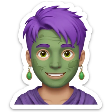 purple haired man with full full face dirty messy green clay mask and earrings happy  sticker