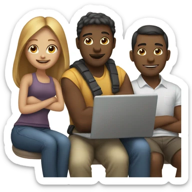 2 girl and 3 man each of them holding laptop and sit together  sticker