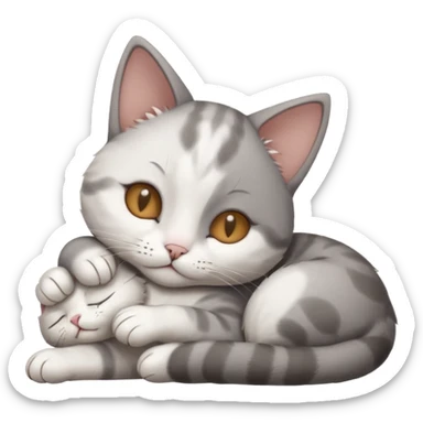 grey and white small cat with eyes closed lying down with its head resting own paw sticker