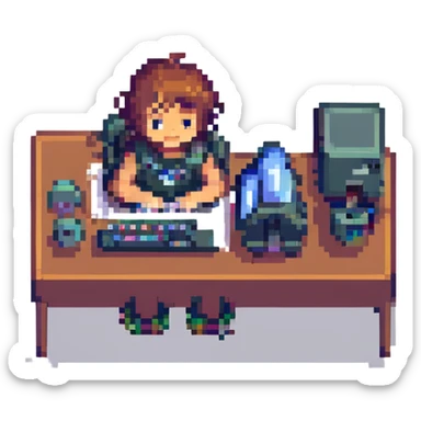child programmer, pixel art style, sitting at a computer, retro atmosphere sticker