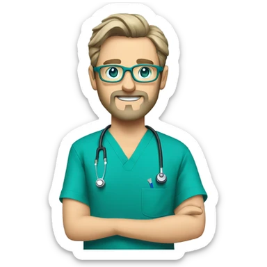 male dark blond with grey beard doctor with blue-green eyes and wire-rimmed glasses in teal scrubs holding a paintbrush and a jigsaw sticker