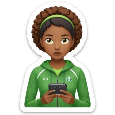 A calm black female coach with folded arms, analyzing the game with sharp focus, green clothes sticker