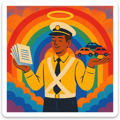 A traffic officer, halo above head, rainbow backdrop, arms extended: one hand with a stack of papers, the other with cars driving. sticker