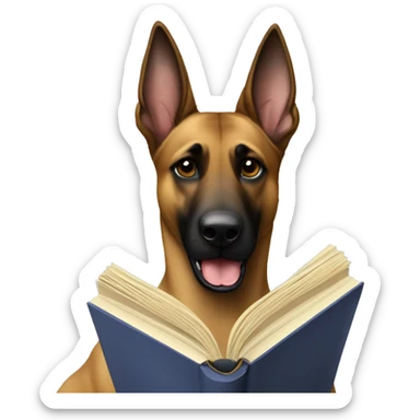 malinois prends des notes avec un livre sticker