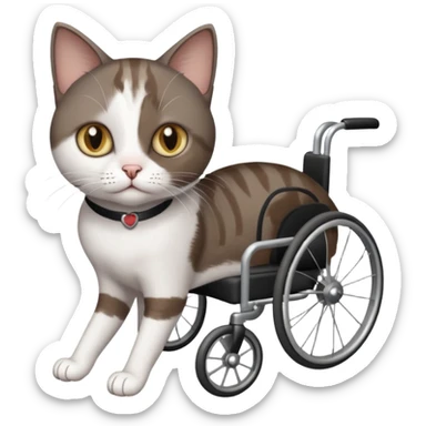 full body small short hair dark brown and white cat with hazel eyes walking in a wheelchair for cats sticker