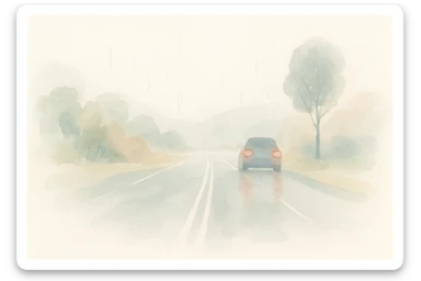 a rainy road with soft colors and blurred edges in watercolor style sticker