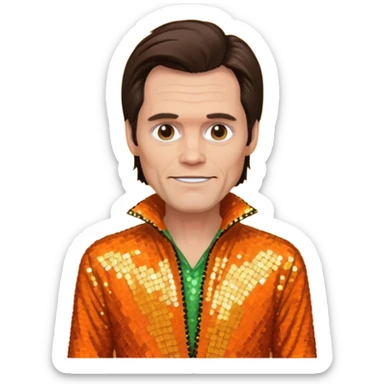 Jim Carrey with dark brown hair, orange sequin outfit sticker