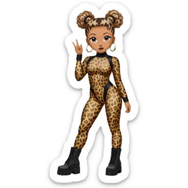 Melanie Brown with her hair in space buns and wearing a tight leopard print two piece bodysuit and black combat boots sticker