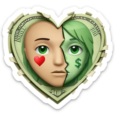 A broken heart glued together by dollars sticker