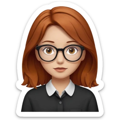 red-brown haired girl, middle length straight hair - wavy towards the ends, brown almond eyes, thick black glasses, oversized shirt sticker