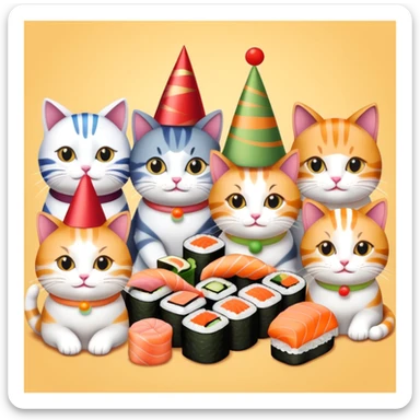 Cats gathered around sushi at a birthday party sticker