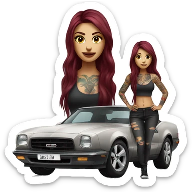 Beautiful tattooed burgundy long haired woman standing next to a car sticker