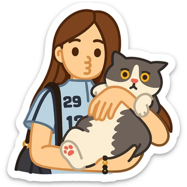 Create an emoji of this girl holding her blue and white cat, both with cute expressions, in emoji style sticker