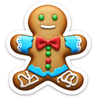 Realistic isolated gingerbread man cookie with blue frosting and bowtie sticker