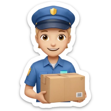  delivery worker holding a cardboard package. Wearing a cap and uniform shirt, smiling expression. Rounded, glossy, smooth, soft shadows, white background.




 sticker