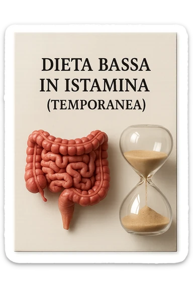 foglio di carta di una dieta con la scritta "DIETA BASSA IN ISTAMINA (TEMPORANEA), E ACCANTO CI METTI UN INTESTINO IN MINIATURA E UNA CLESSIDRA, iperrealistico 4k sticker