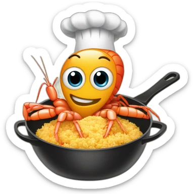 one single giant shrimp dressed as a cook cooking fried rice in a skillet sticker