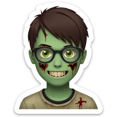 Zombie emo boy, green skin and brown hair and brown eyes, black glasses and a scary smile with a cut on the side, scars and blood under eyes sticker