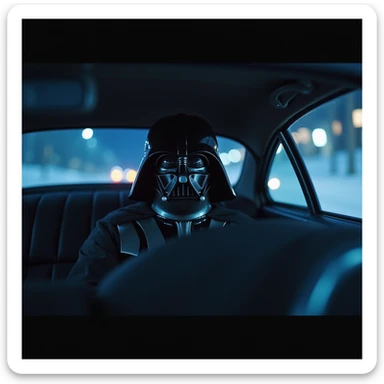 Cinematic shot of a Darth vader sitting in porsche 911, blue and orange lights, full car shot sticker