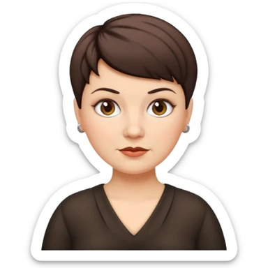 classic teacher emoji but fatter and with a black pixie cut, make her white and the pixy cut is pointy and dark brown and she is very fat sticker
