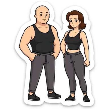  One Caucasia woman with brown hair and big boobs,  a black tank top and pants with her hand in the pants of a bald man sticker