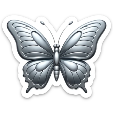 Liquid metal butterfly emoji, silver chrome material, iOS emoji style, smooth curves, reflective surface, elegant and minimal, white background sticker