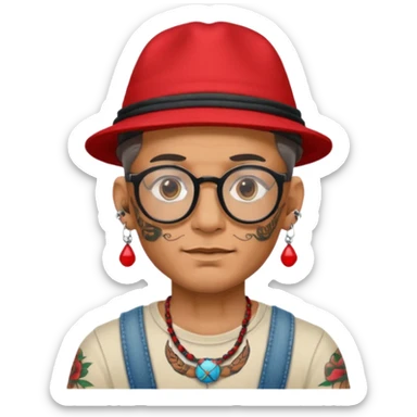 unique looking tourist with big unique red tourist hat and earrings, man with lots of tattoes and spectacles, hair showing sticker