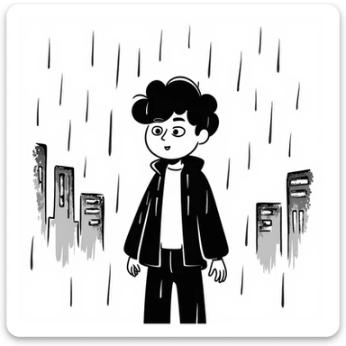 Anime boy protagonist standing in pouring rain, dramatic anime scene sticker