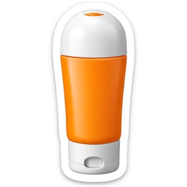 sleek squeezable tube with rounded flip-top cap, bright summer colors orange yellow white, compact slightly curved shape, outdoor use, clean matte surface, lotion or cream inside, no label, no hand, no extras, soft lighting, subtle shadows, emoji scale sticker