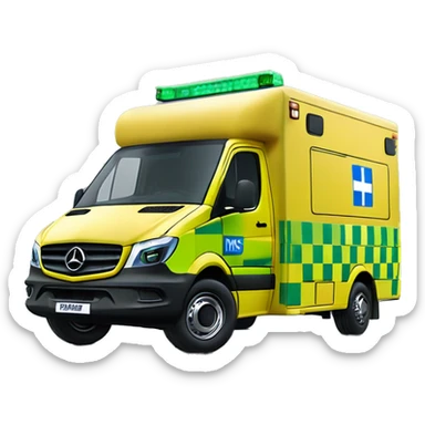 NHS Mercedez sprinter ambulance, yellow body, with green and yellow checkerboard print along the bottom. NHS logo on the side.  sticker
