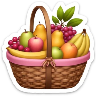 A brown basket of fruits with some pink aesthetic motives on the basket in an ios 18 emoji  sticker