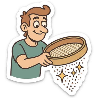 stylized sieve with shining particles passing through, metaphor for kalburüstü sticker