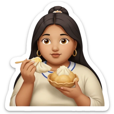Can you create an emoji of a half Indian - half white 23 year old girl with dark brown mid length hair and brown eyes who is super obese and eating a dumpling. Can the emoji be from head to toe sticker