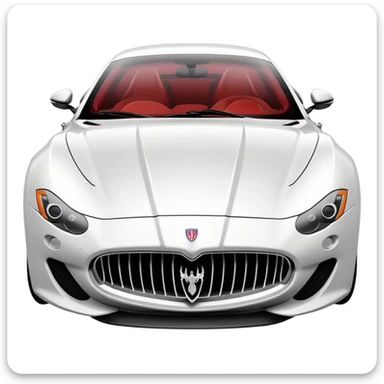 emoji-style Maserati sports car with bold grille, trident logo, sleek curves, vibrant highlights, minimal linework, white or light gray background, emphasizing speed and sophistication sticker