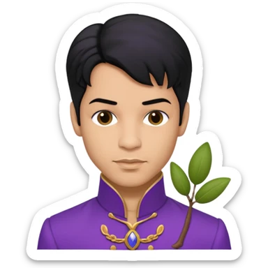 Prince Rogers Nelson with olive skin, black hair, purple outfit sticker
