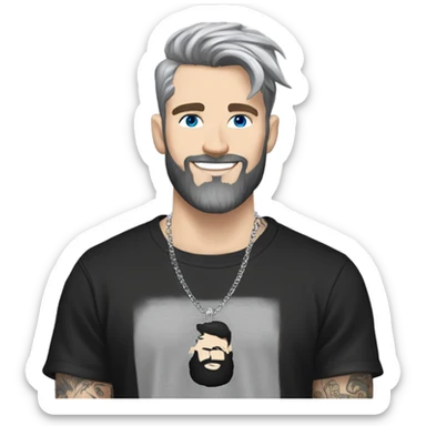 Younger white male that has grey blue eyes, dark brown hair with grey on the sides, a beard, and tattoos. He is wearing a diamond coated white gold necklace and a black punk band t-shirt while waving hello sticker