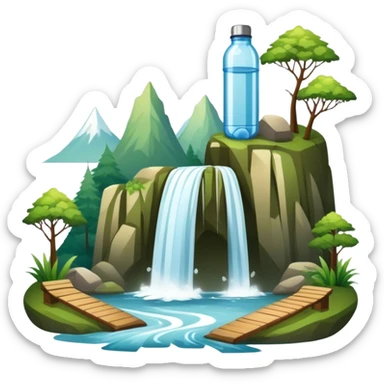 Icon for Ecotourism: a scenic landscape with lush green forests, a waterfall, and wildlife, such as birds or animals, with hiking trails and eco-friendly travel elements like a reusable water bottle. Transparent background. sticker