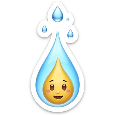 3D iPhone style emoji of a liquid drop falling, glossy and translucent, mid-air motion, isolated on white background, soft shadows, high detail, playful and cute. sticker