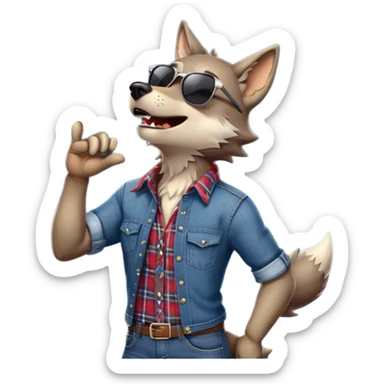 friendly anthropomorphised wolf in jeans and plaid shirt, wearing dark sunglasses, howling with the moon in the background, upright pose sticker