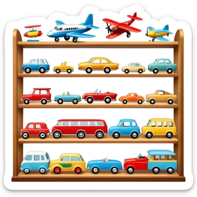 Icon for Toy Collecting: a collection of various vintage toys such as dolls, tumblers, cars, planes, ships, action figures and plush animals, displayed neatly on shelves or in display cases. The icon should evoke the joy and nostalgia of collecting toys. Transparent background. sticker