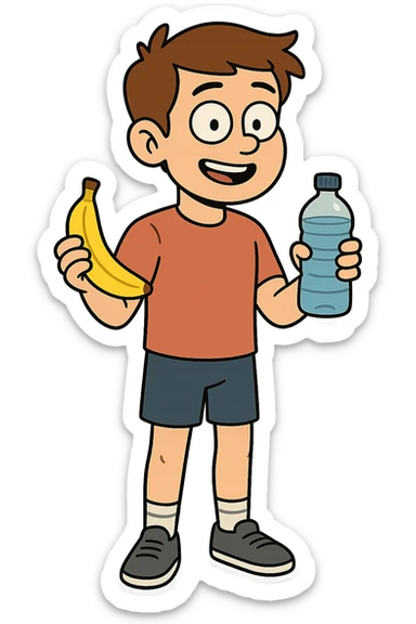 The full body of a young boy who is fit and healthy holding a banana and a drinking bottle of water sticker