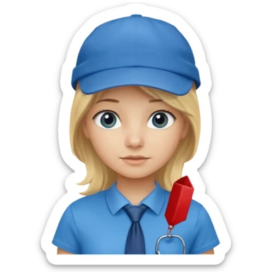 bloande girl with tshirt blue tie and cap sticker